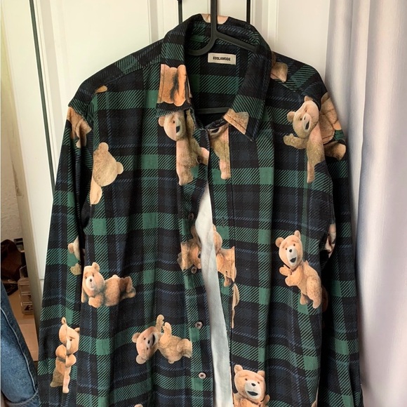 Green checked denim shacket with teddy bear from TED movie - Picture 2 of 5